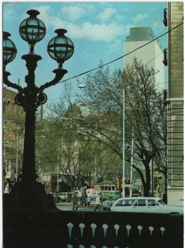 Spring and Collins St, with one of the Parliament House light standards