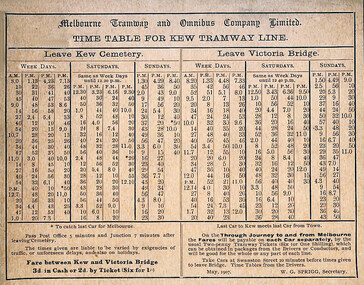 "Time Table for the Kew Tramway Line"