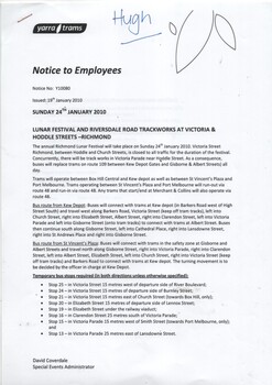 "Notice to Employees - Lunar Festival and Riversdale Trackwork at Victoria and Hoddle Streets - 2010", "Notice to Employees - St Kilda Road Track Works Phase 2 - 2010"