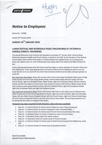 "Notice to Employees - Lunar Festival and Riversdale Trackwork at Victoria and Hoddle Streets - 2010", "Notice to Employees - St Kilda Road Track Works Phase 2 - 2010"