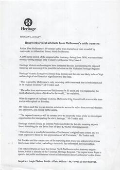 "Roadworks reveal artefacts from Melbourne's cable tram era"