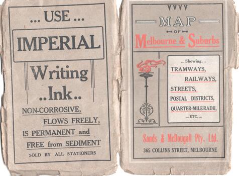 "Map of Melbourne and Suburbs showing Tramways, Railways, Streets, postal districts, Quarter-Mile Radii etc"