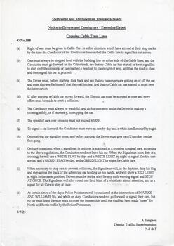 "MMTB Notice to Drivers and Conductors - Essendon Depot - Crossing Cable Tram Lines"
