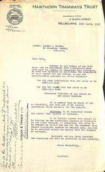 Hawthorn Tramways Trust Letterhead dated 22/4/1915 to Messrs Duncan and Fraser