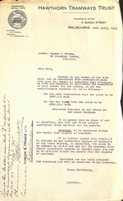 Hawthorn Tramways Trust Letterhead dated 22/4/1915 to Messrs Duncan and Fraser