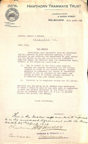 Hawthorn Tramways Trust Letterhead dated 20/4/1915 to Messrs Duncan and Fraser