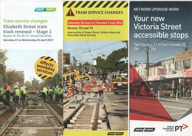 "Tram service changes Elizabeth St tram track renewal stage 1", "Tram service changes - Routes 70 and 75 - Intersection of Power St, Wallen Road and Riversdale Road Burnley", "Your new Victoria Street accessible stops"