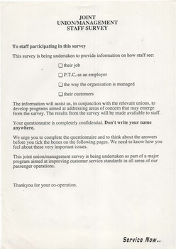 "Joint Union/Management Staff Survey", "Summary of Surveys undertaken in the PTC"