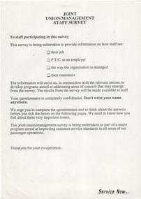 "Joint Union/Management Staff Survey", "Summary of Surveys undertaken in the PTC"
