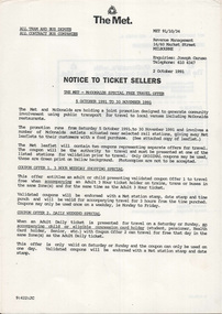 "Notice to Ticket Sellers - The Met - McDonalds special free travel offer."