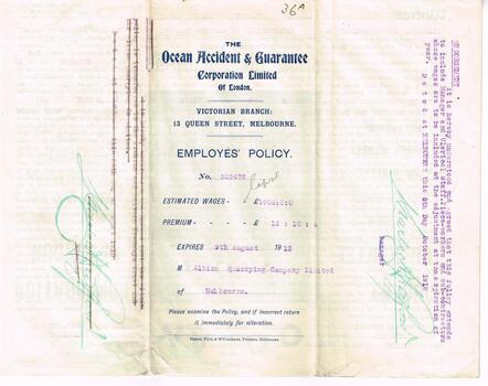 "Employees Policy – Albion Quarrying Co – 1912"