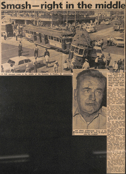 “Smash – right in the middle”, “Trams Hit; 25 People Hurt” "Crowd causes chaos", “Driver out before crash”
