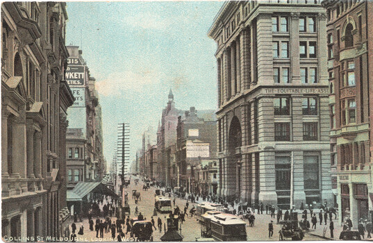 A bustling Victorian-era street scene looking west down Collins Street in Melbourne, Australia, featuring ornate stone buildings with large windows, horse-drawn carriages, cable trams, and pedestrians.