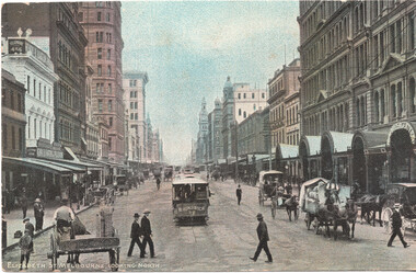 View of Elizabeth Street in Melbourne, Australia, looking north, showing a bustling street scene with horse-drawn carriages, a tram labeled "B. Brunswick 38," pedestrians, and tall Victorian-era buildings lining both sides of the street.