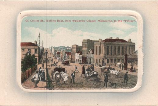 "Collins St looking East from Wesleyan Chapel, Melbourne in the fifties"