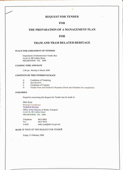 "Request for Tender for The Preparation of a Management Plan for Tram and Tram Related Heritage"