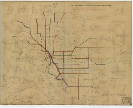 "Route Map showing location of special work and pole numbers" "All night tram routes in colours"