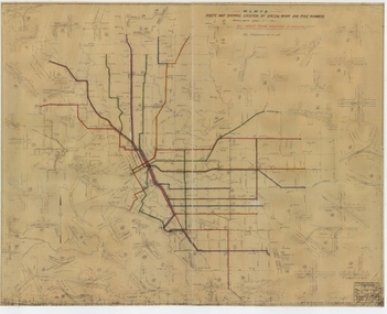 "Route Map showing location of special work and pole numbers" "All night tram routes in colours"