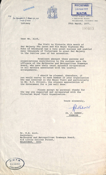 Premier R. J. Hamer to Mr. W. Aird