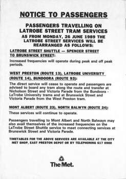 "Notice to Passengers travelling on Latrobe Street tram services"