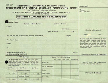 "Application for Seniors Scholar's Concession Ticket"