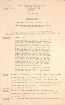 "Woman at War - by Catherine Duncan - Interviews with women in Industry No. 1 - interviews Mrs. Hammond a Melbourne Tram Conductress"