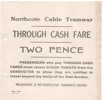 "Northcote Cable Tramway Through Cash Fare Two Pence", "North Melbourne Cable Tramway - Suburban Penny Section", "Carlton & Prahran Cable Tramways", "Suburban Terminal Penny Sections"