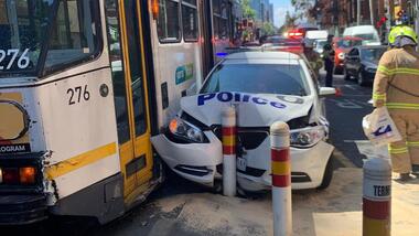 "Police Car crunched into bollard after colliding with tram in CBD"