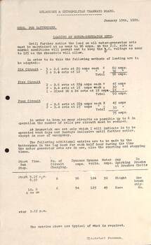 "Memo for Batterymen - Loading of Motor Generator Sets", "Reading recorded in testing level of Generator Set at..... Car shed"