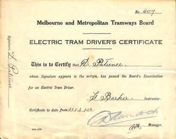"Electric Tram Driver's Certificate No. 407"