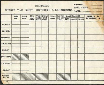 "Tramways - Weekly Time Sheet - Motormen & Conductors"