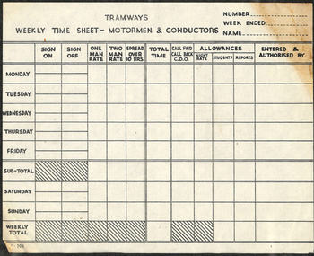 "Tramways - Weekly Time Sheet - Motormen & Conductors"