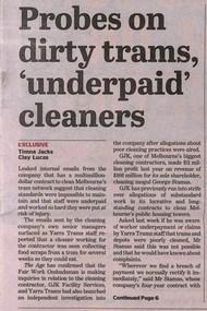 Newspaper, The Age, “Probes on dirty trams, 'underpaid cleaners'”, 23/12/2020 12:00:00 AM