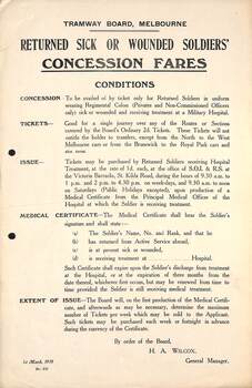 "Tramway Board Returned Sick or Wounded Soldiers' Concession Fares - Conditions"