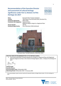 "Recommendation of the Executive Director and assessment of cultural heritage significance - Brunswick West Tramway Substation"