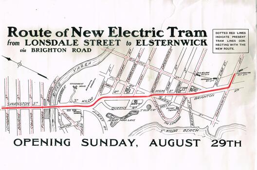 "Route of New Electric Tram from Lonsdale Street to Elsternwick via Brighton Road - Opening Sunday August 29th"