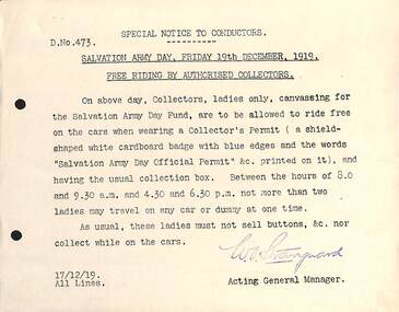 "Special notice to conductors - Salvation Army Friday 19 December 1919. free riding by authorised collectors.
