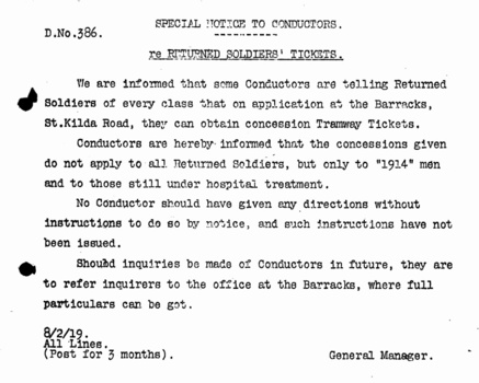 "Returned Soldiers' tickets", "Returned sick or wounded soldiers' concession tickets", "Blinded Soldiers"