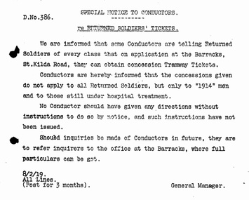 "Returned Soldiers' tickets", "Returned sick or wounded soldiers' concession tickets", "Blinded Soldiers"