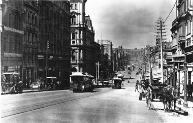 Black and white photograph of Bourke St c1900