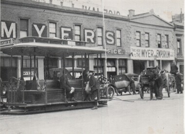 Myer Lonsdale St Warehouse with a grip car