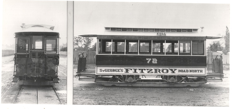 A vintage tram car with a sign that reads "St. George's Fitzroy Road North" is shown in a side profile next to a front view of another tram. The side view of the tram displays its number "72" and the word "FULL" at the top.