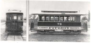 A vintage tram car with a sign that reads "St. George's Fitzroy Road North" is shown in a side profile next to a front view of another tram. The side view of the tram displays its number "72" and the word "FULL" at the top.