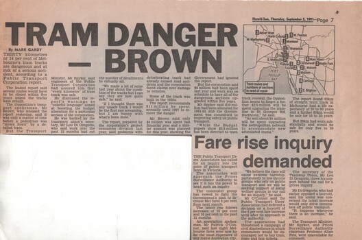 "Tram Danger - Brown", "Track disrepair threatens to derail tram services"