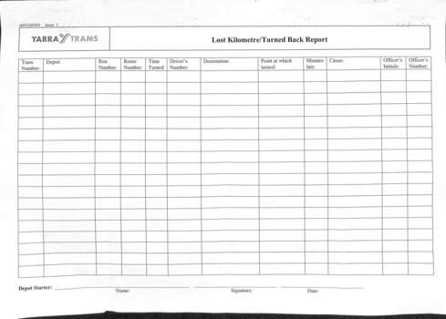 "Operations Officer's Report of car turned back and kilometres lost for..", "Lost Kilometre/Turned Back Report"