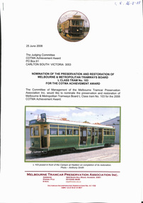 "Nomination of the Preservation and Restoration of Melbourne & Metropolitan Tramways Board L class Tram No. 103 for COTMA Achievement Award"