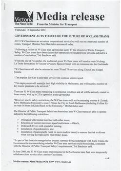 "Media Release - Government acts to secure the future of W class trams"