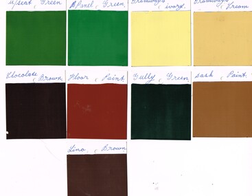 nine paint samples or swatches painted onto card