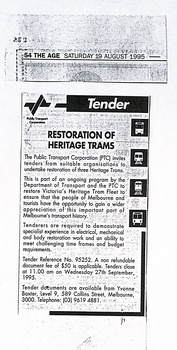 Newspaper clipping announcing a tender by the Public Transport Corporation (PTC) for the restoration of three heritage trams, with details on tender reference, fee, closing date, and availability.