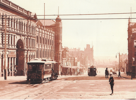 Bourke St from William St looking west - cable trams